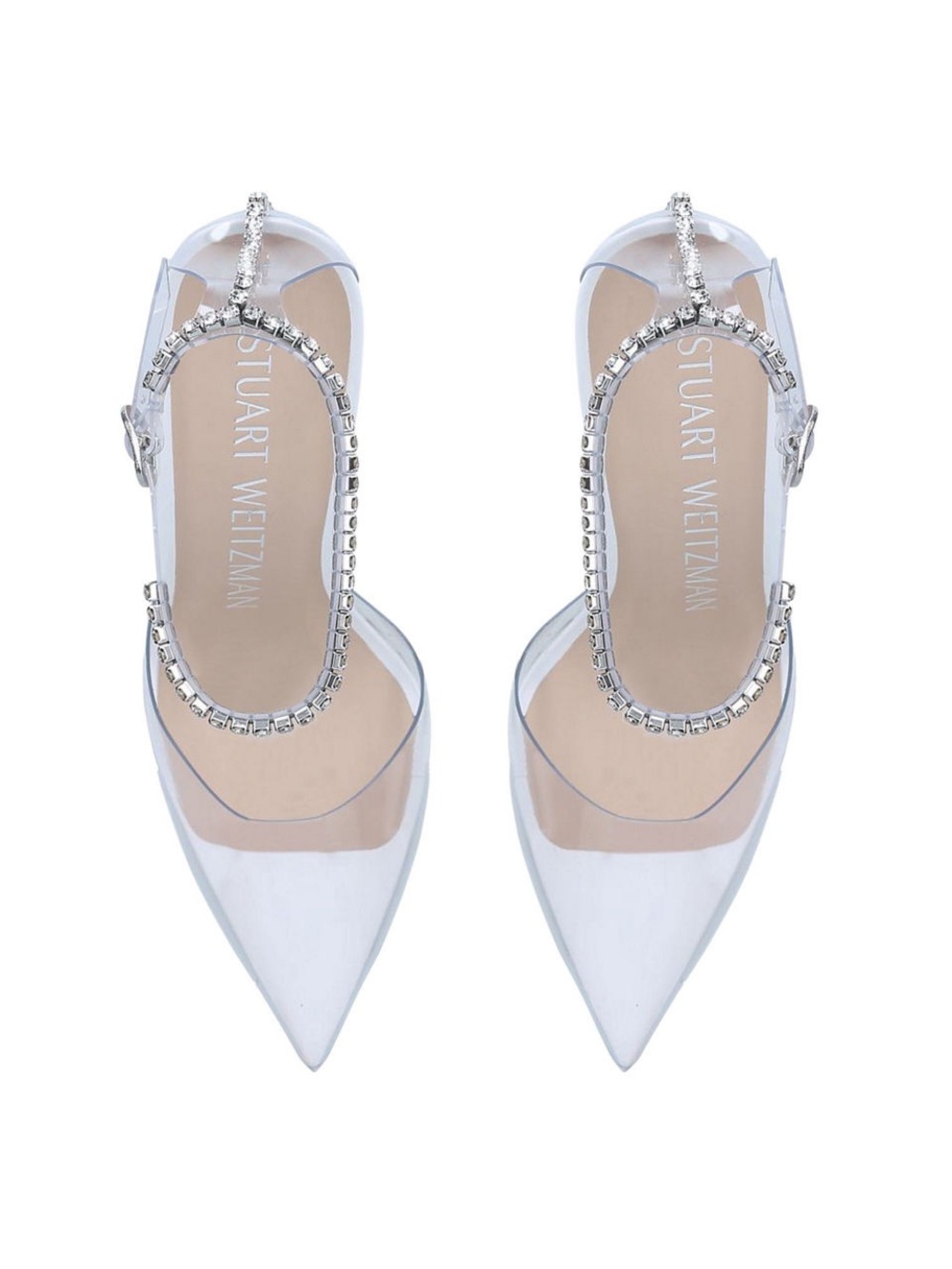 Stuart Weitzman Silver Crystal T-Strap Clear Pointed Pumps